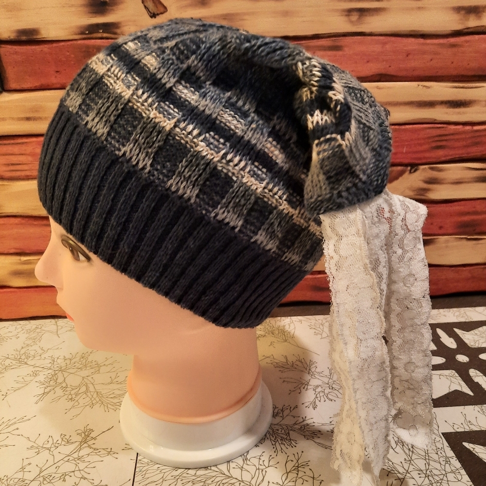 Fun funky knit hat M vtg lace tassels upcycled sweater handmade